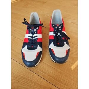 Duca Del Cosma Mens Red White Blue Leather Colorblock Low Top Sneakers